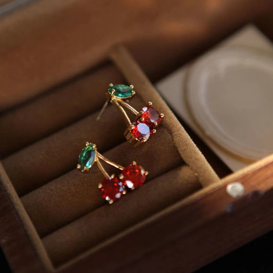 red zircon cherry leaf stud earings